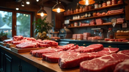 Multiple cuts of raw beef on display at a butcher's shop counter, highlighting the diversity and quality of the meat available for purchase and meal preparations.