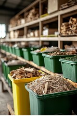 Vibrant Green and Yellow Plastic Bins with Wood Shavings in Workshop Setting, Orderly Recycling Concept