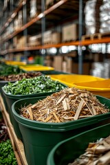 Organized Green Plastic Bins Overflowing with Wood Shavings in Retail Setting - Agricultural Storage Concept