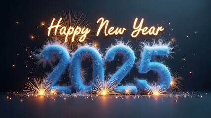 Vivid image of 'Happy New Year 2025' with fuzzy blue numbers and sparkling fireworks, creating a festive and jubilant atmosphere, perfect for welcoming the New Year.