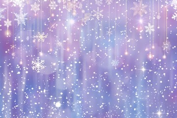 A dreamy winter scene with white snowflakes hanging against a purple and blue background.