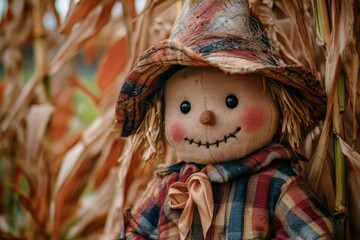 the text 'hello autumn' in a farm setting with a scarecrow and a field of corn stalks.