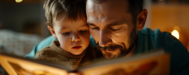 Father and son sharing a special moment reading a book together, illuminated by warm lighting in a cozy, intimate setting.