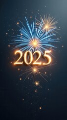 Elegant golden '2025' against a dark background, illuminated by vibrant fireworks representing the joy and anticipation of welcoming the new year amidst a sparkling atmosphere.