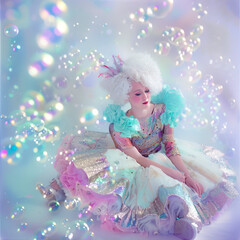 Fototapeta premium A girl with curly white hair among huge flying soap bubbles 