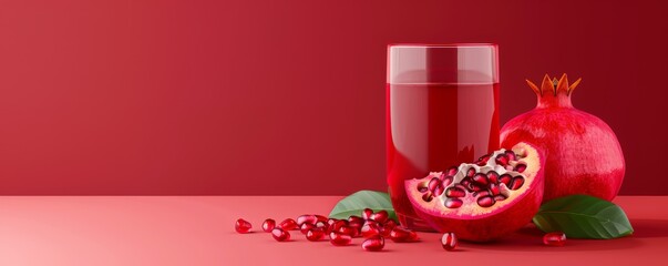 Fresh pomegranate juice with whole and sliced pomegranate on a red background. Vibrant and healthy fruit beverage concept.