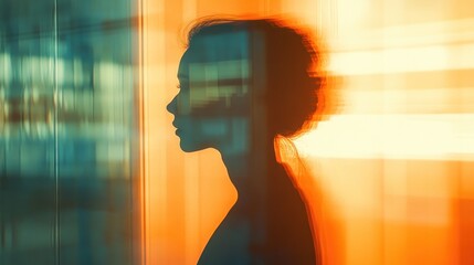 Silhouette of a woman's profile against a bright orange background, with blurred teal accents.