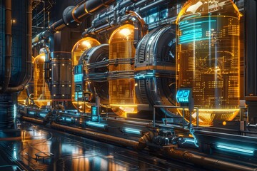 Futuristic industrial facility with glowing machinery and advanced technology creating a high-tech environment.