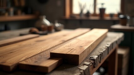 In a cozy woodworking space, rustic wooden boards rest on a sturdy, rough table. Natural light streams through the window, highlighting the warm hues of the wood and creating a serene atmosphere for c