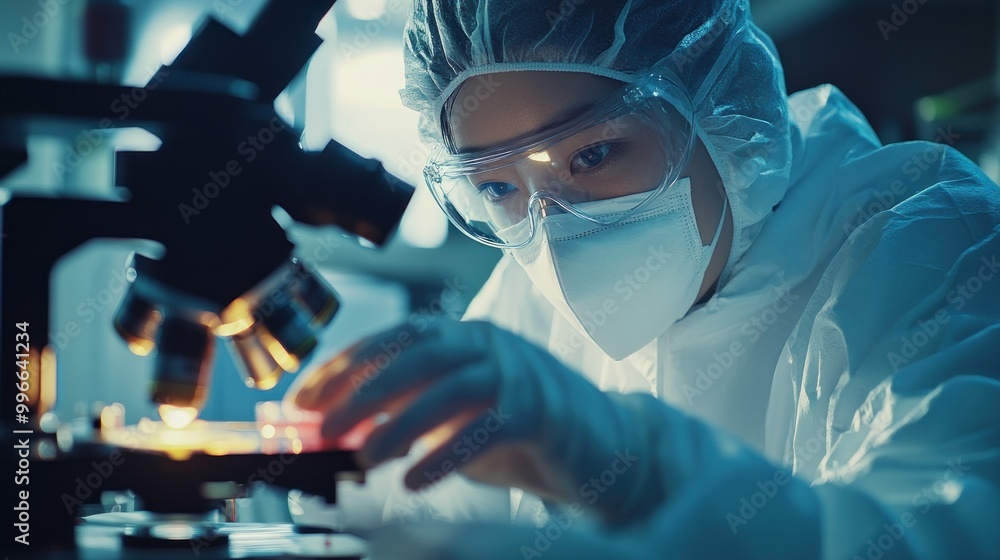 Aufkleber a scientist examines samples under a microscope in a lab setting.