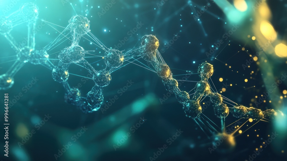 Poster abstract representation of a dna molecule with glowing particles and connections.