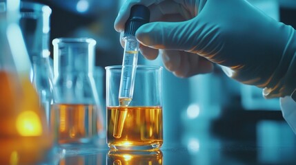 A scientist using a pipette to transfer liquid into a beaker in a laboratory setting.