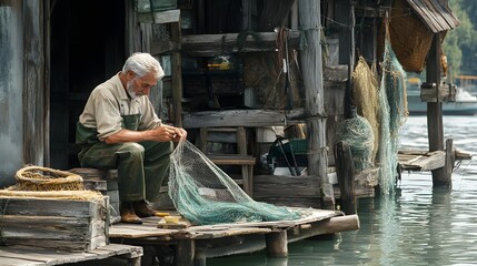 6. An old man repairing his fishing nets on a rustic dock