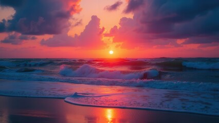 Fototapeta premium This image captures the enchanting view of a colorful sunset over the peaceful ocean, with gentle waves crashing onto the sandy shoreline, evoking a sense of calm and tranquility.