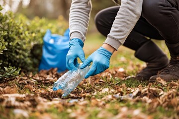Naklejka premium Environmental Care Concept Closeup of Blue-Gloved Hands Picking Plastic Water Bottle in Forest, Eco Message