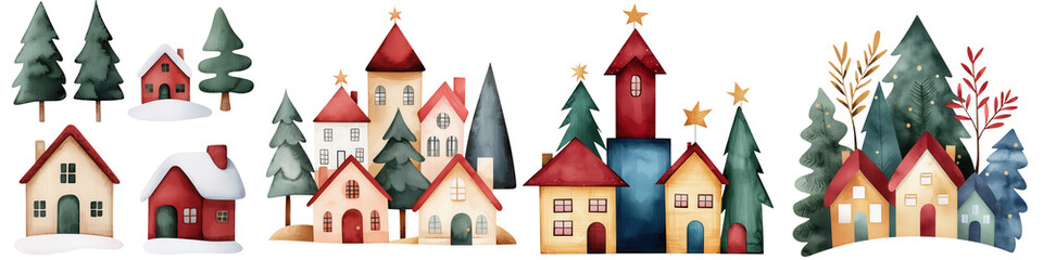 Colorful illustration of various houses and trees on a white isolated background.
