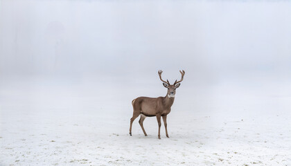 Obraz premium winter landscape of misty meadow and lonely deer