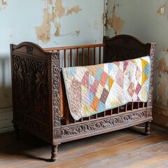 Antique wooden crib with intricate carvings, draped in a faded patchwork quilt, in a nursery with chipped paint walls