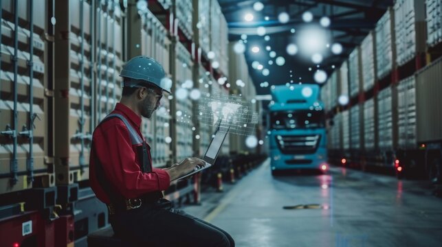 A warehouse worker using a laptop to monitor logistics, surrounded by digital data overlays, with a truck in the background