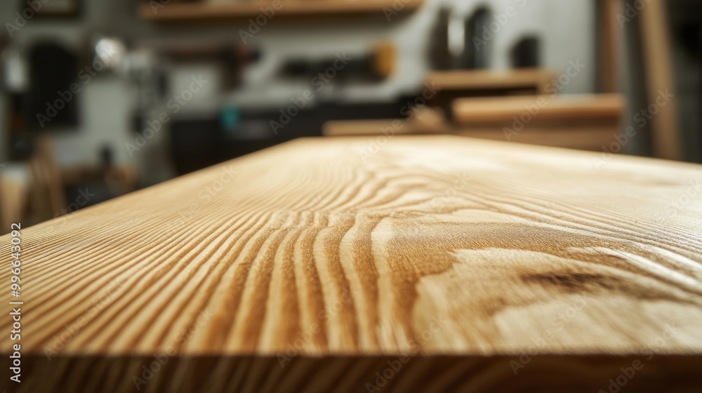 Poster a close-up view of a wooden surface in a workshop setting, showcasing its grain and texture.