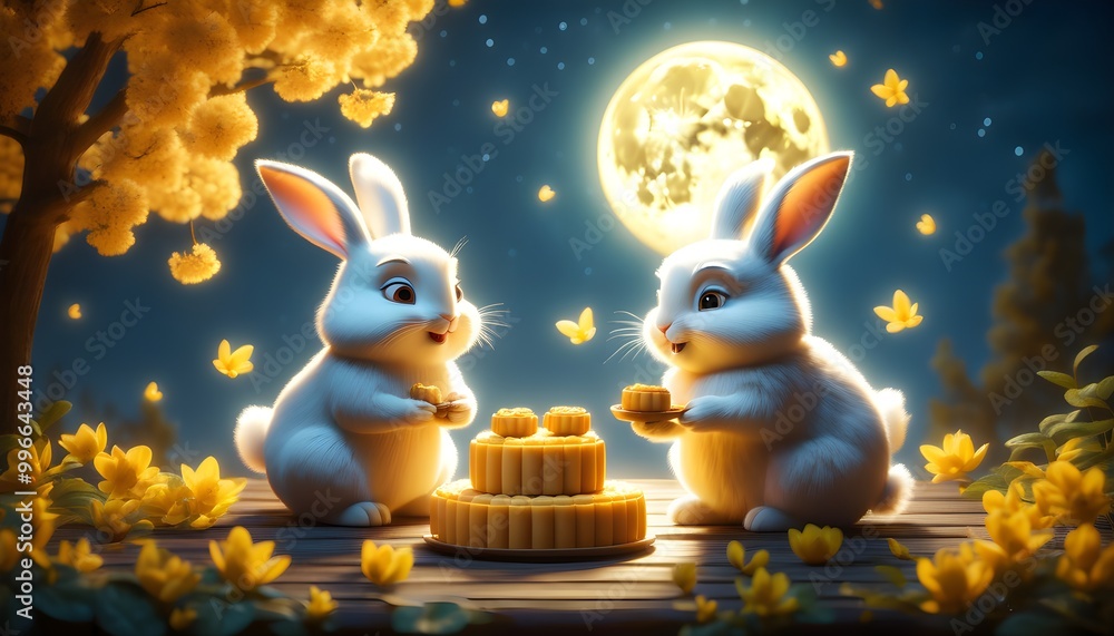 Wall mural Charming bunnies enjoying mooncakes beneath a radiant full moon