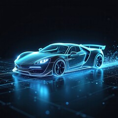 This image features a futuristic neon electric sports car glowing vibrantly in the dark, highlighting its sleek, aerodynamic design and cutting-edge technology on a digital grid backdrop.