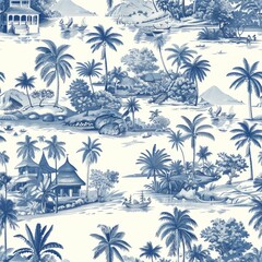 Scenic tropical island pattern in blue and white featuring palm trees, huts, and boats. Ideal for wallpapers and textile designs.