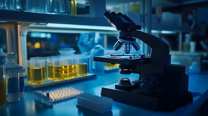 Biological microscope in a sterile lab environment with illuminated bacterial cultures on slides.