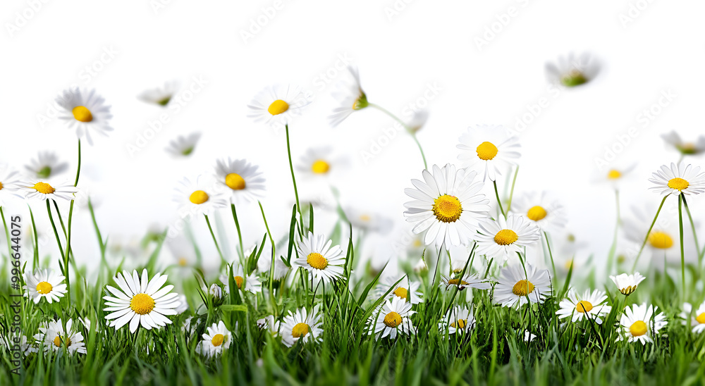 Poster meadow grass, garden lawn with wild daisy flowers in spring and summer isolated against a transparen