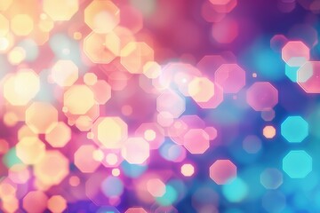 Fototapeta premium A vibrant, dreamy bokeh composition with hexagon-shaped light spots in shades of pink, purple, blue, and yellow.