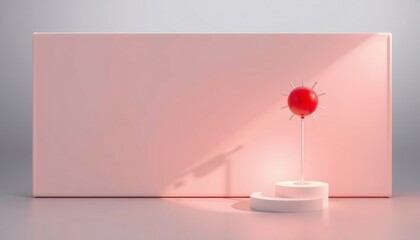 A red balloon with spikes stands on a two-tiered podium in front of a pink wall.