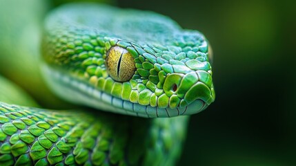 Fototapeta premium Close up of green snake with yellow eye.
