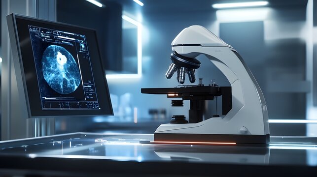 A futuristic biological microscope in a minimalistic, AI-powered laboratory.
