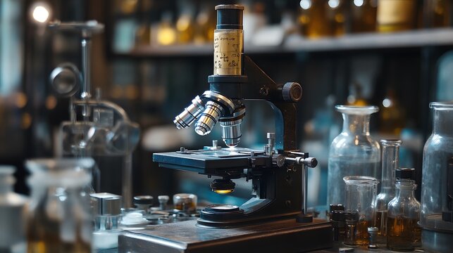A steampunk-style biological microscope in an alternate history laboratory.