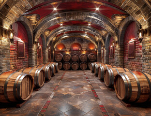 Elegant wine cellar with wooden barrels and brick walls in a historic castle setting