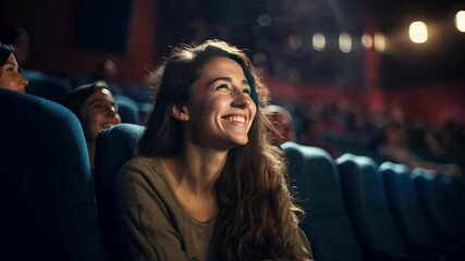 a woman smiles at a movie theater, people in happy moment concept