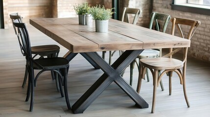 Obraz premium Distressed wooden dining table with a metal base, surrounded by mismatched chairs, in an industrial loft setting