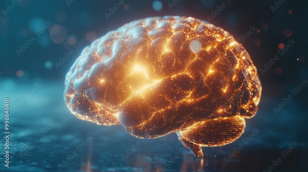 Poster a glowing, stylized brain representing neural activity and cognitive processes.
