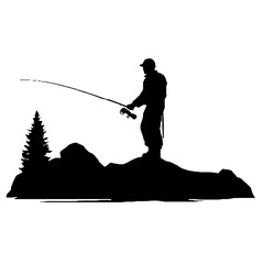 Man Fishing Silhouette Vector – Black and White Design on Transparent Background, Ideal for Tattoos and Logos