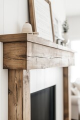 A close-up of a rustic wooden mantel featuring minimalist decor, including a lit candle and a white vase with greenery.
