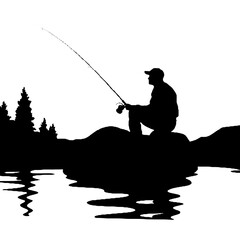 Man Fishing Silhouette – Black and White Vector Art on Transparent Background, Perfect for Logos and Ads