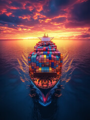 A stunning container ship sailing at sunset, perfect for maritime-themed projects and logistics promotions. Design for Wall Art, Poster Print, Wallpaper & Background