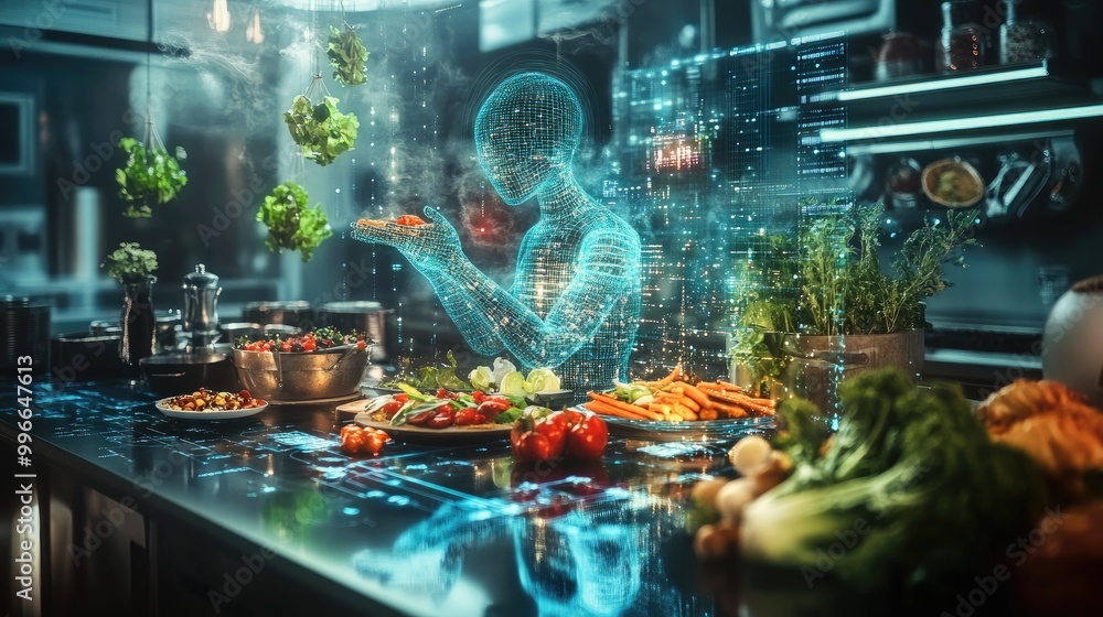 Poster a futuristic ai chef surrounded by holographic food ingredients, analyzing flavor profiles with prec