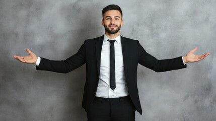 Confident businessman in a suit presenting success with open arms against a textured gray background.