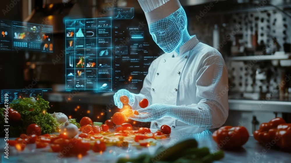 Poster a holographic ai chef slicing virtual vegetables, with data on flavor and nutrition displayed in flo