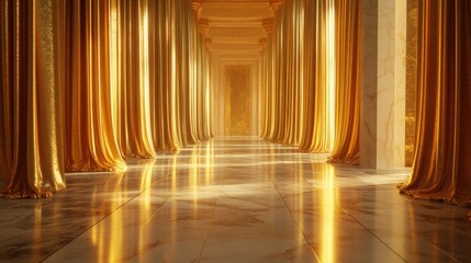 Golden curtains and marble columns create a grand and luxurious hallway illuminated by warm light.