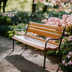 Old-fashioned wooden bench with metal arms, placed in a sunlit garden, surrounded by blooming flowers