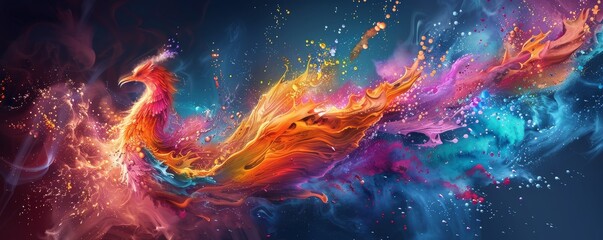 Fototapeta premium Vibrant phoenix illustration with colorful abstract swirls and splashes of light, symbolizing rebirth and transformation.