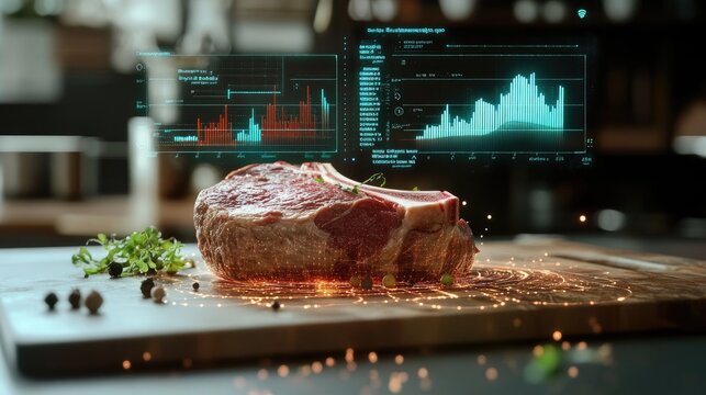 A virtual AI chef analyzing the flavor and texture of a digital steak, with holographic data charts measuring precision and culinary perfection. - Powered by Adobe