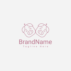 Simple cute twin pig line logo icon vector design